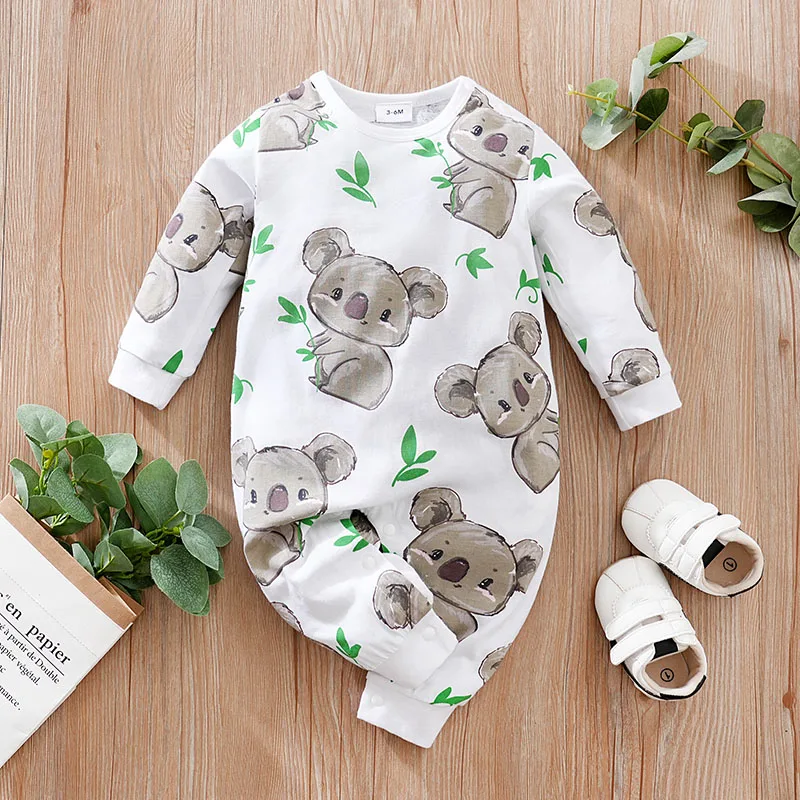 

Newborn Boy Girl Baby Jumpsuit Cute Cartoon Animal Koala Full Print Simple Casual White Spring And Autumn Long Sleeved Jumpsuit