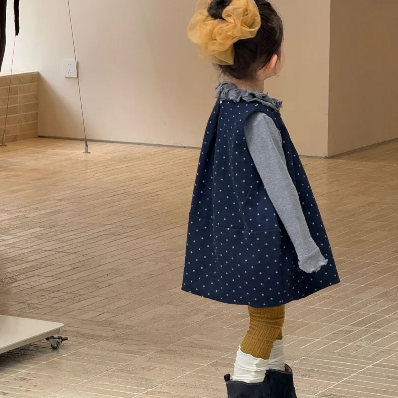 

2025 Autumn Winter Cotton Children Kid Girls Polka Dot Woolen Skirt Vest Dress 3-10 Years Toddler Outfit Pullover Outerwear