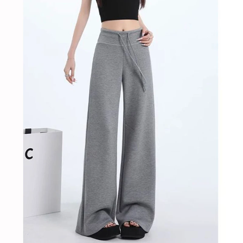 

Женские корейские повседневные прямые спортивные штаны для девочек, однотонные брюки с высокой талией, женские шикарные серые тонкие расклешенные брюки