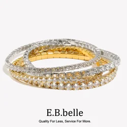 E.B.belle 3mm 4mm Elastic Square Zircon Bracelet Stainless Steel Shiny Jewelry Gold/Silver Color Fashion Women Decoration Charm