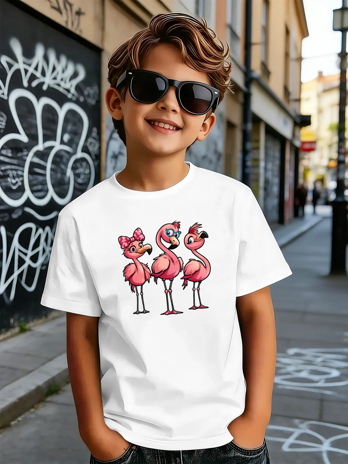 Cute Three Fashion Flamingos Cartoon Print Boys Girls Family Matching Cotton Short Sleeve Crew Neck Soft Summer Kids Casual Tees