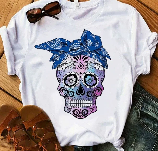 With Scarf Colorful Skull Head Print T Shirt Women Short Sleeve O Neck Loose Tshirt Women Causal Tee Shirt Tops Camisetas Mujer