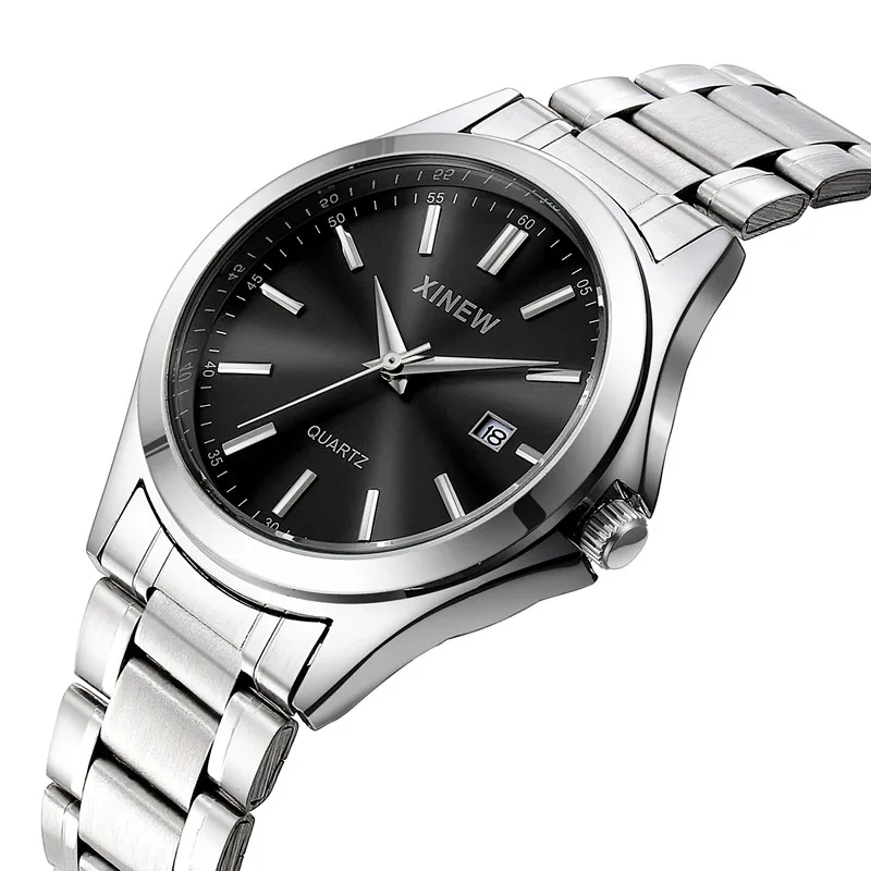1pc / lot XINEW Brand Men Watches Silver Students Fashion Full Steel Band Simple Date Quartz Watch Reloj Hombre Montre Homme