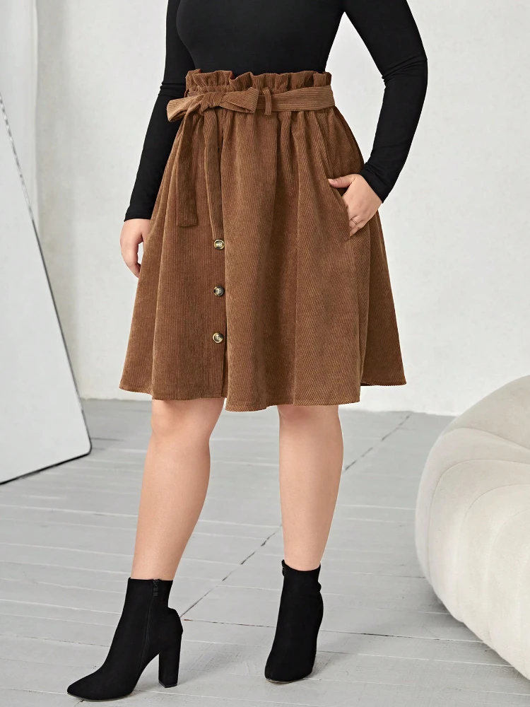 Brown Plus Size Skirts for Women Corduroy High Elastic Waist A Line Vintage Elegant Causal Party Knee Length Skirt with Pockets