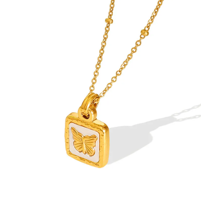 Exquisite Stainless Steel Tarnish Free Delicate Butterfly Shell Square Pendant Necklaces For Women Stylish Jewelry Gif