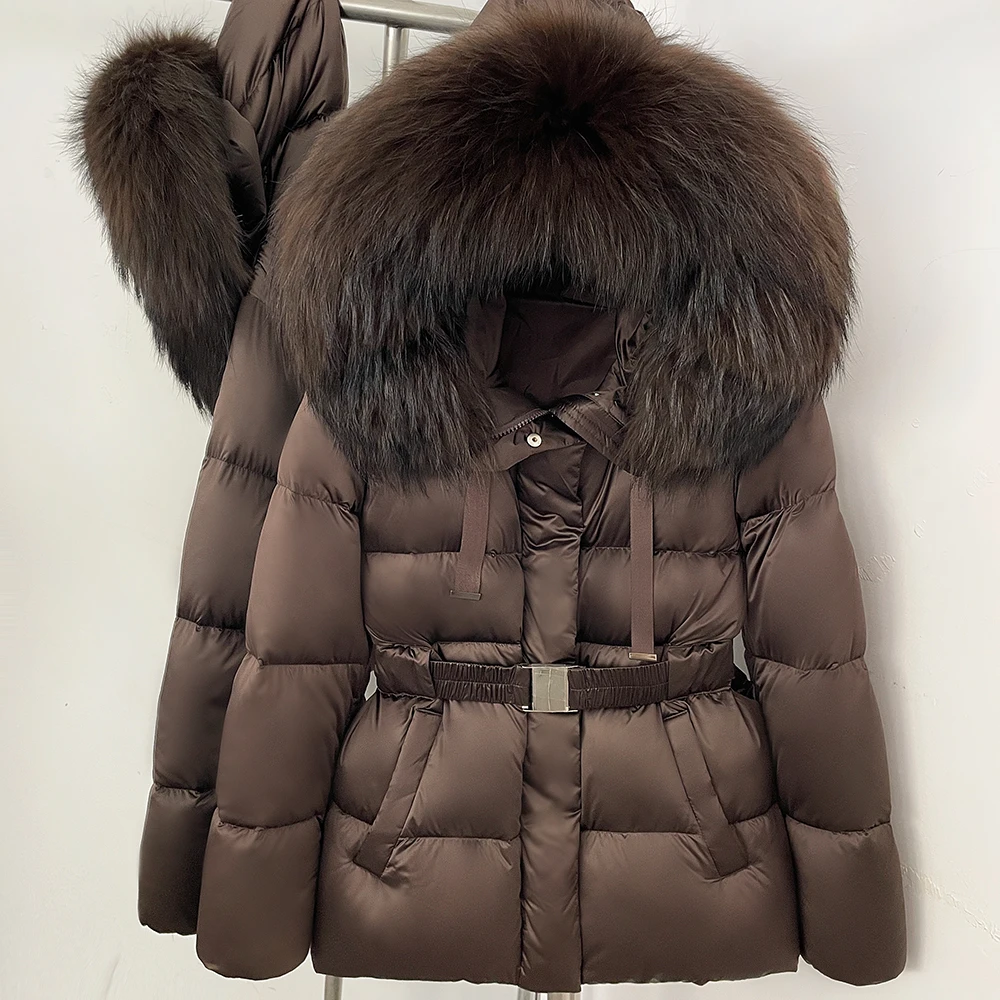 Women's Slim Fit Short Puffer Jacket Casual Natural Fur Jacket Soft Warm with Genuine Fur Collar Winter Wear and Seasonal Style