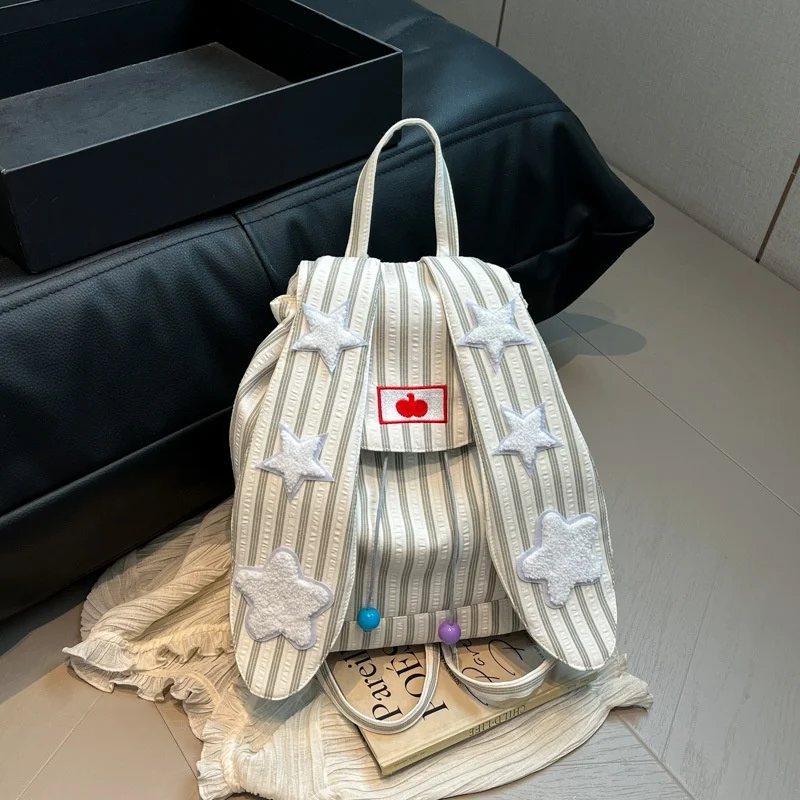 

Милый рюкзак с кроличьими ушками, нашивка в виде звезды в полоску, милый школьный рюкзак большой вместимости, корейский повседневный школьный рюкзак для поездок на работу на открытом воздухе