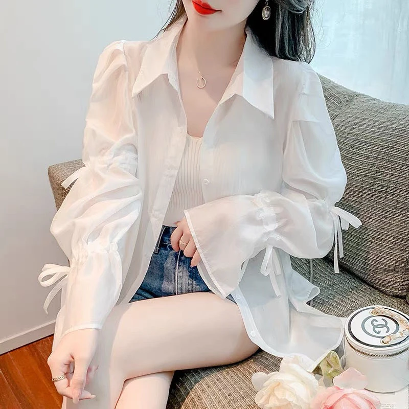 Fashion Sun-protective Clothing Women Korean Loose 2024Summer New Arrival Design Sense Bow Drawstring Sleeve Outer Chiffon Shirt