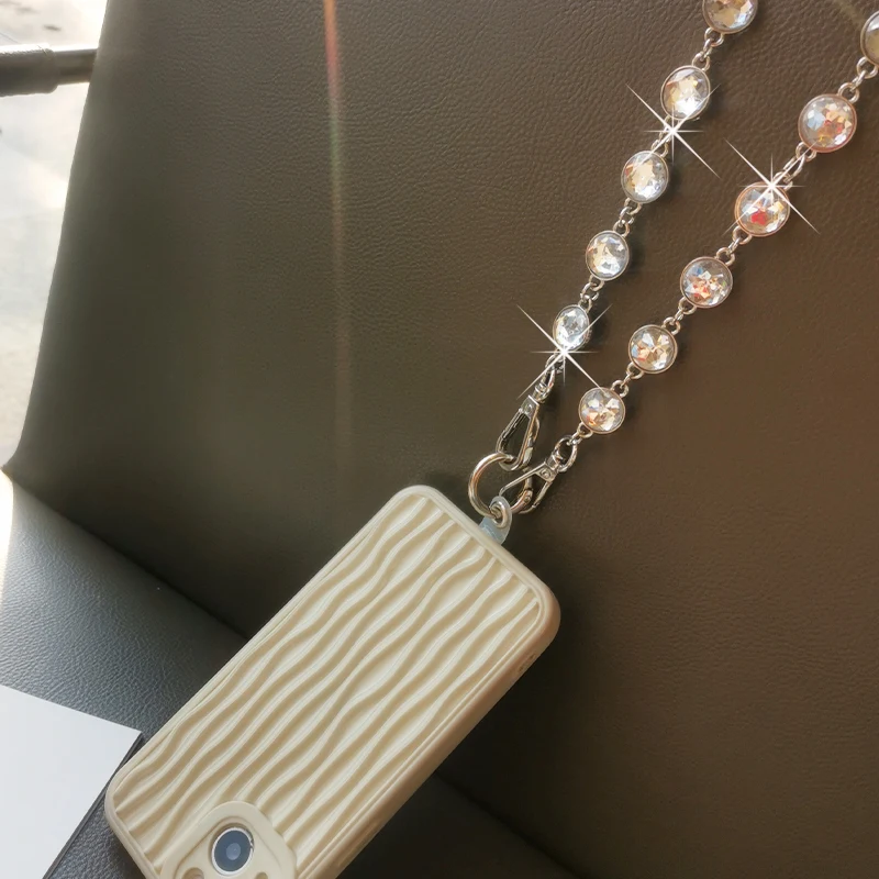 Mobile Phone Hanging Rope Long Crossbody Lanyard Round Gemstone String Pendant Universal Phone Case Bag Anti Loss Metal Lanyard