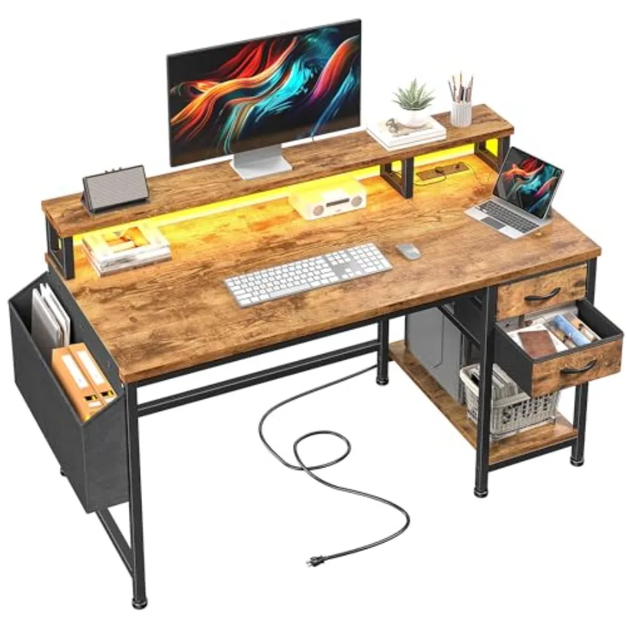 40 Small Gaming Desk with RGB Lights Outlets for Teens: MDF surface, black finish, built-in power outlets and customizable ligh