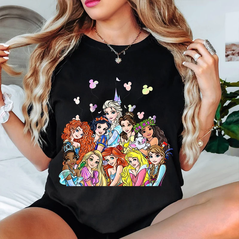 Disney Princess Printed Women's T-Shirt Pure Cotton Short Sleeve Casual Top Loose Women's Clothing