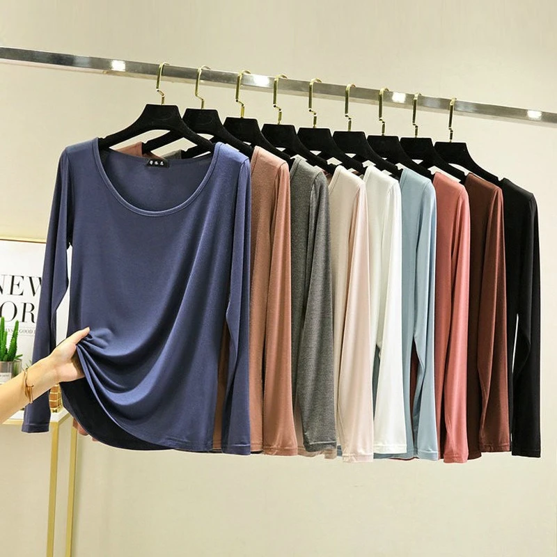 Modal Spring and Autumn New Round Neck Versatile Large Size Close Fitting Bottom Shirt Modal Top Women's Long Sleeved Pajamas