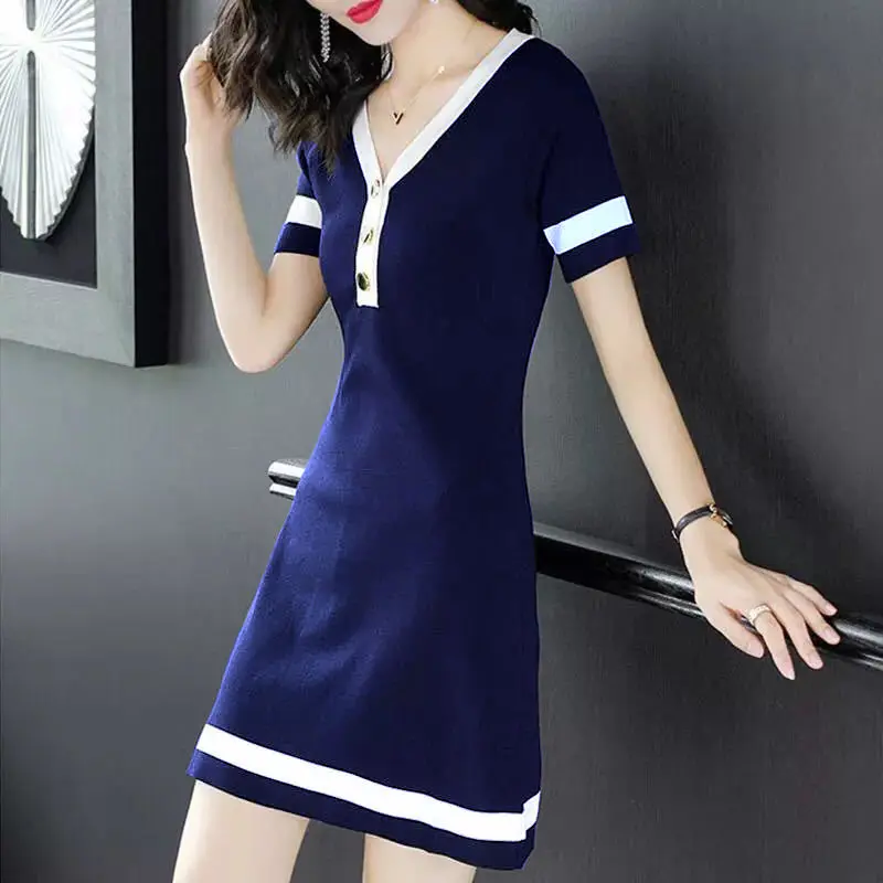 

Fashion V-Neck Knitted Button Loose Korean Mini Dress Women's Clothing 2023 Summer New Oversized Short Sleeve Casual Dresses