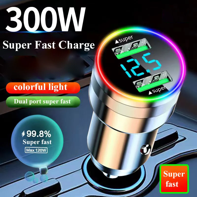 Dual Port USB Car Charger Adapter 300W Super Fast Charging with LED Light Voltage Monitor for iPhone Samsung Huawei OPPO Oneplus