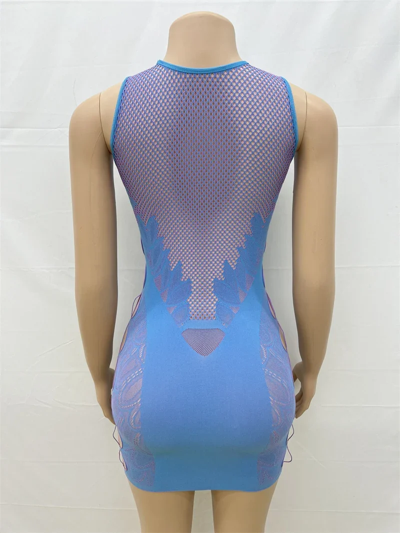 เซ็กซี่ดอกไม้ Hollow Out Mini Dress เสื้อผ้าผู้หญิงแขนกุด O - Neck Night Club Party ตาข่าย Sheer ชุดสั้น Vestidos Cortos