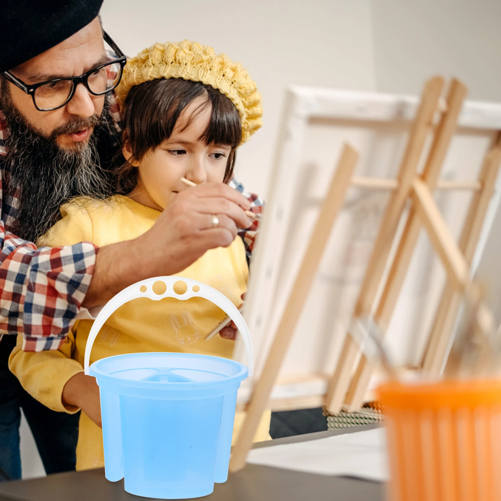 

2pcs Wash Pen Bucket Plastic Art Supplies 2in1 Blue Round Reusable Brush Holder Clean Tool For Students Artists