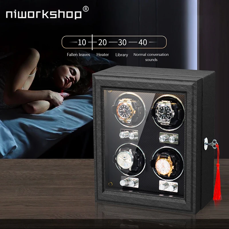 Niworkshop Automatic Watch Winder,2/4/6 Slots Watch Storage Cases,Luxury PU Leather Watch Safe Box with Key ,LED Light