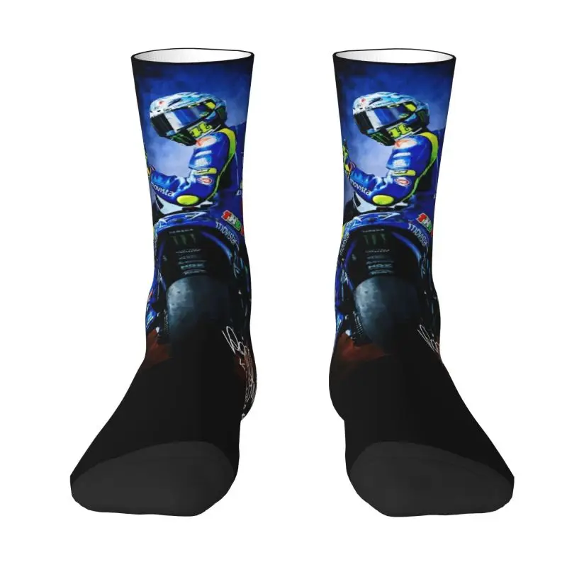 Fashion Print Motorcycle Racing Rossi Socks for Men Women Stretchy Summer Autumn Winter Crew Socks