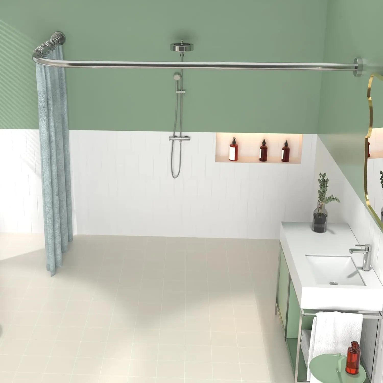 

L Shaped Curtain Rod,28-39 X 43-67 Inch Curved Rod,Adjustable Rods for Bathroom,Stainless Drilling C