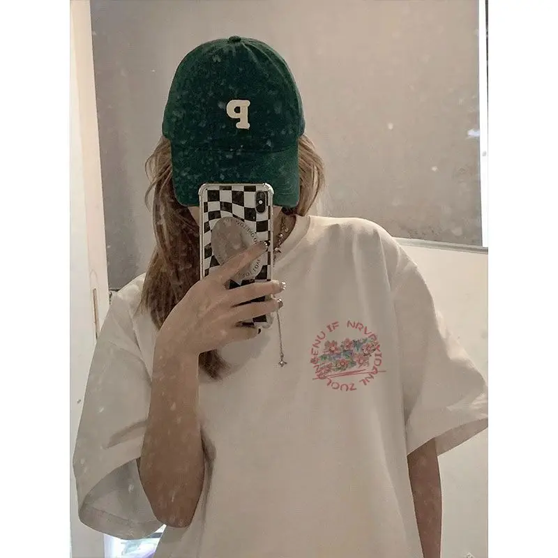 EBAIHUI American Vintage Casual Short Sleeved T-shirt Summer Loose Print Versatile Women's T Shirt Korean Flower Tee