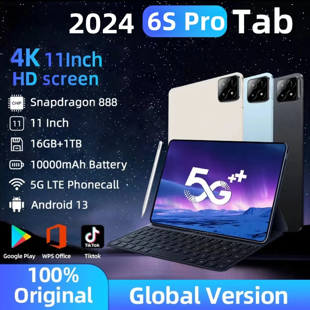 2024 NEW Original HD 4K Pad 6S Pro Snapdragon 888 Tablet 11inch Android 13 16GB+1TB 10000mAh 5G Dual SIM Bluetooth WiFi GPS Tab