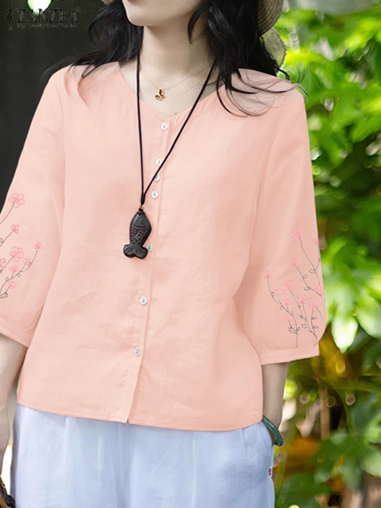 

2025 ZANZEA Women Embroidered Shirt Autumn Blouse Vintage 3/4 Sleeve Work Tops Casual Button Down Blusas Female Chemise Oversize