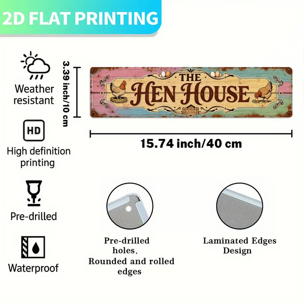 2D Flat 1pc, Metal Sign, Vintage Hen House Metal Wall Sign 15.75Inch X 3.94Inch - Farmhouse Chicken Coop Decor, Rustic Metal