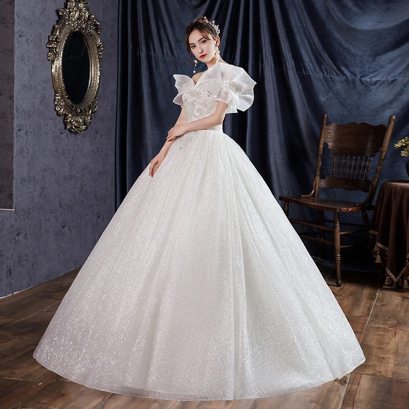 Customized Sparle Sleeves  Wedding Gowns For Bride Vestido De Noiva Princesa Robe Mariage Femme Woman Dress  Sukienka Na Wesele