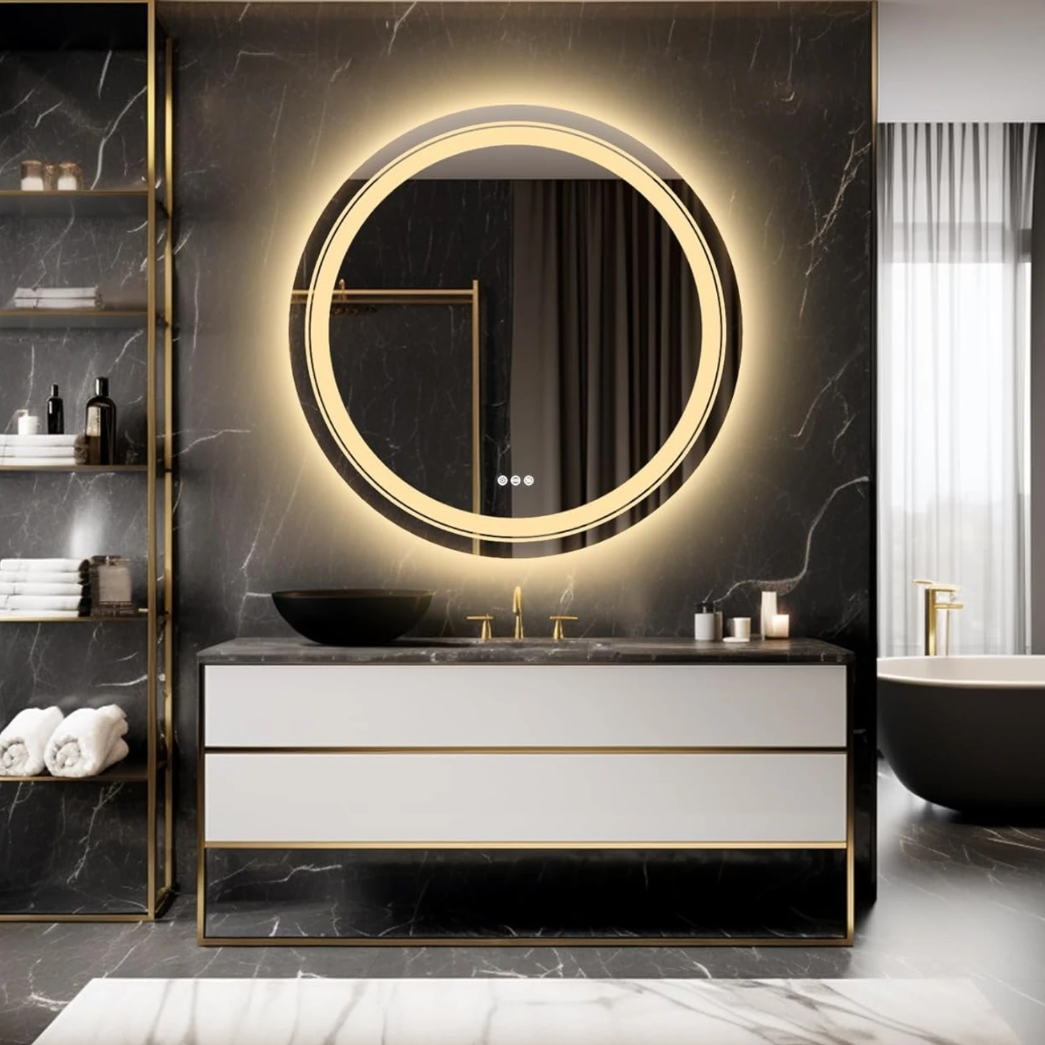 LED Bathroom Mirror 600/800/900MM Round Demisting Makeup Shaving Mirror Front Light + Backlit Wall Vanity Mirror 3 Colour