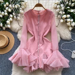 Elegant O-neck Vintage Petal Sleeve Chic Single Breasted Slim Ruffle Dresses Korean Fashion Evening High Street Autumn Clothing