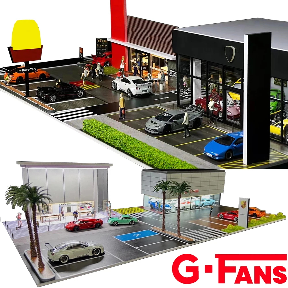 G FANS 1:64 Car Garage Models Shop Parking Building Led Diorama Building Scene Model with Lights Car Garage Diorama Scene Model