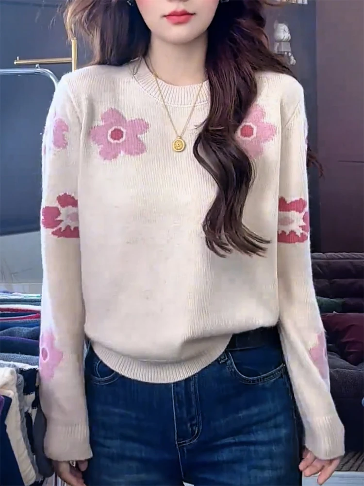 

Korean Sle Soft Floral round Ne Sweater Large Size Slimming Top Comfortable Warm Long Sve Camere Commute Faion