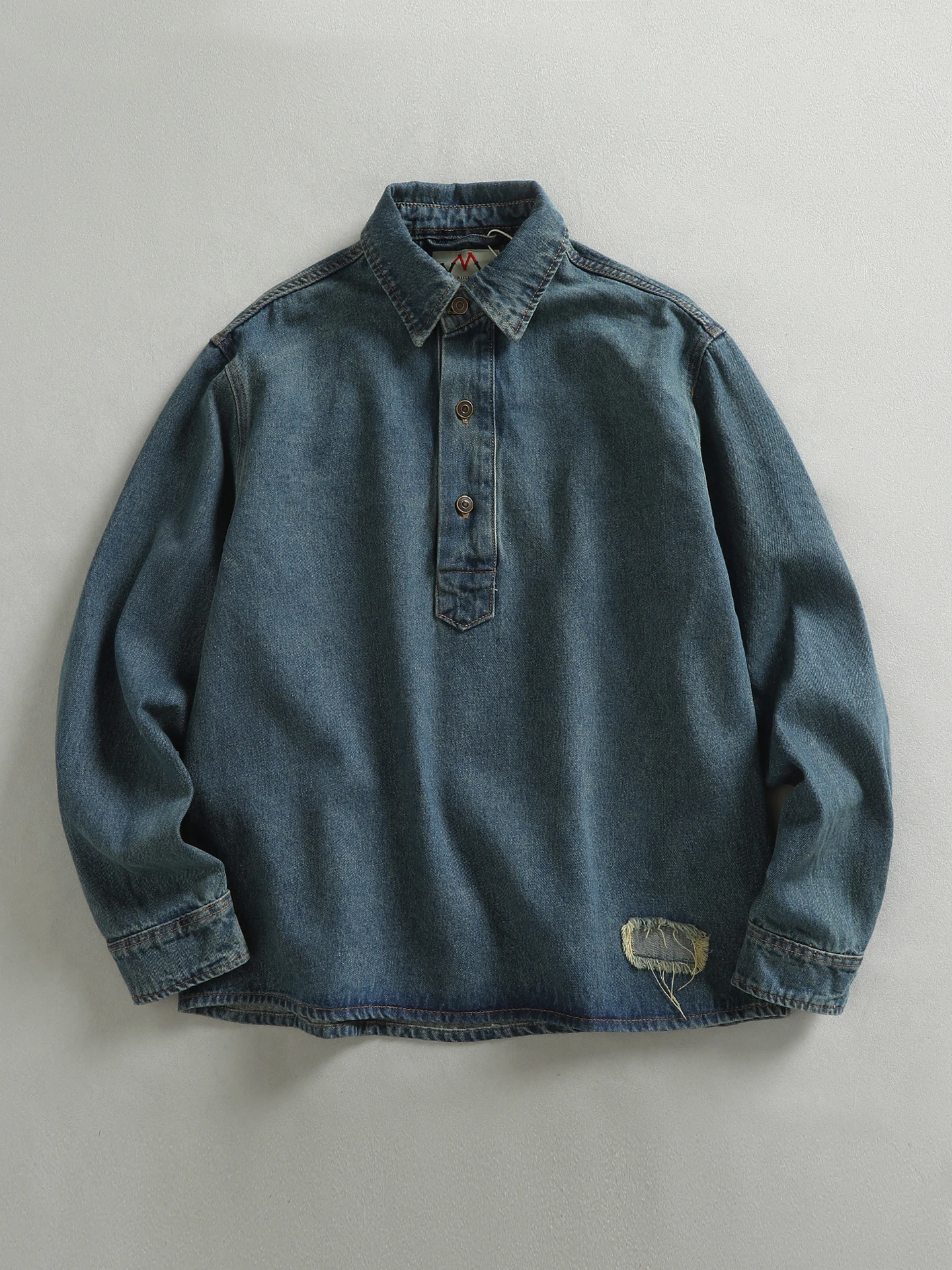 Retro American Washed Denim Shirt Men's Spring Trendy Long Sleeve Crew Neck Short Style Pure Color Resistant to Deformation