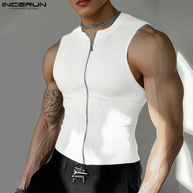 

INCERUN Casual Sexy Sleeveless Summer Men Tank Tops Men's Clothing Streetwear Tops Tee Male Streetwear Zipper Tops