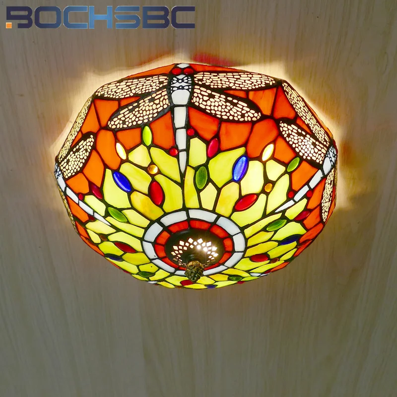 BOCHSBC Tiffany style European Garden  Dragonfly ceiling lamp for bedroom overhead light Bar aisle balcony restaurant LED decor