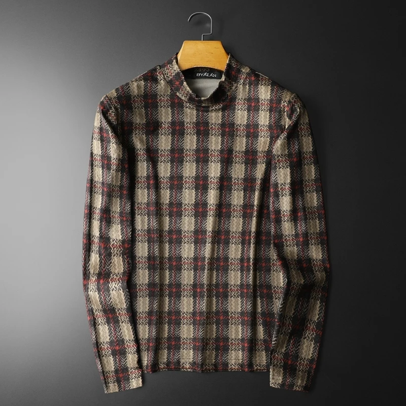 

2023 Winter New Korean Personalized Plaid Print Luxury T Shirt Men Half Turtleneck Club Outfits T Shirt Men Vintage T Shirts