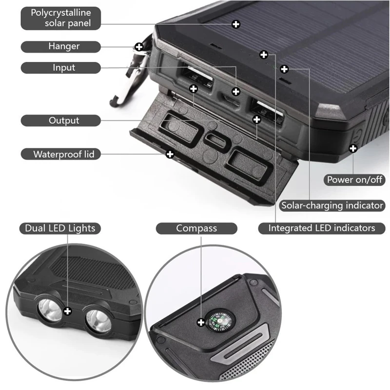 Solar Power Bank 20000 mAh for Xiaomi Mi 2 USB Solar Charger Powerbank External Battery Pack for iPhone Huawei Samsung Poverbank