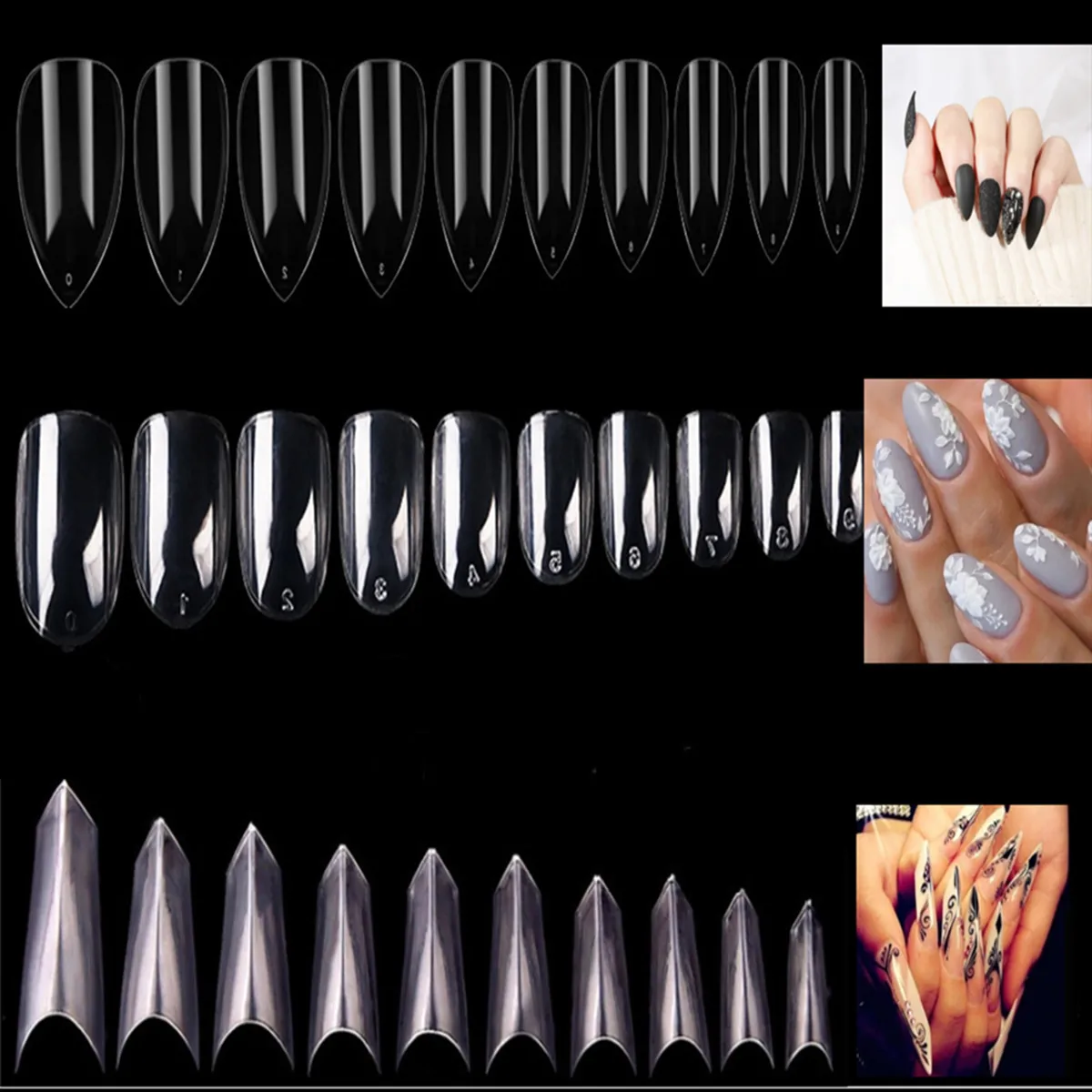 500/600Pcs Short Natural/Transparent Coffin Fake Nails Full Cover Art Tips Press on Nails Tip Acrylic Accessories Tool #10 Size