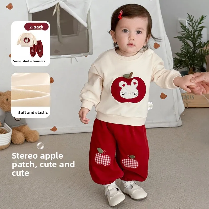 

Girls' Little Rabbit Hoodie 2025 New Autumn Baby Style Patch Cloth Hoodie Children's Korean Version Apple Pants