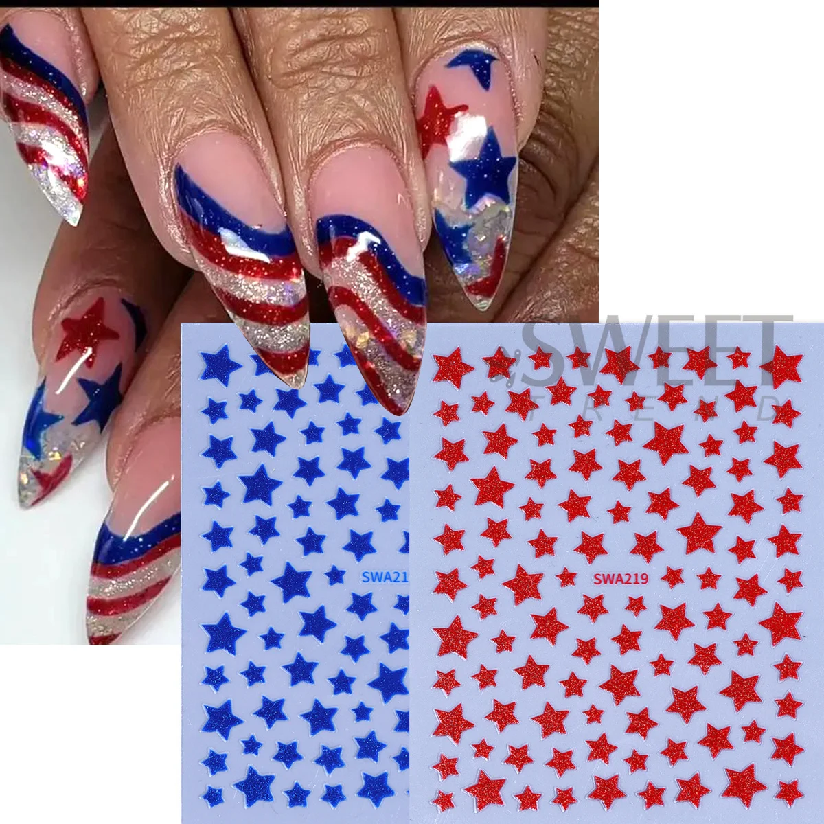 3/4pcs Five-pointed Star Glitter Nail Sticker Shinny Powder Star Red Blue White Design Decals Patriotic Independence Theme Decor