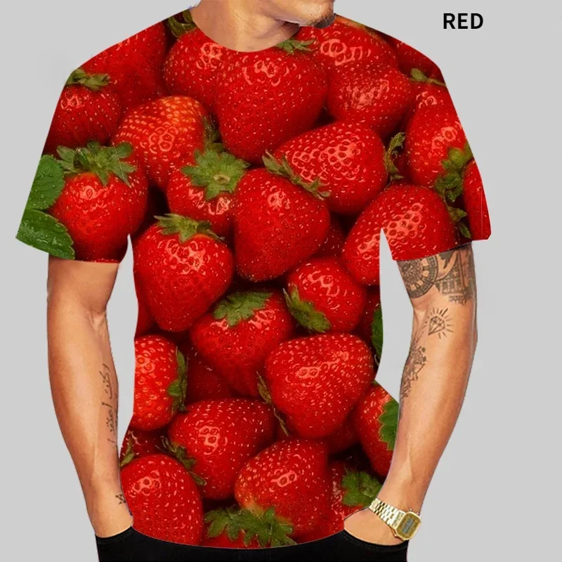 

Camiseta con estampado 3D de frutas y fresas para hombre, camisa de manga corta con cuello redondo, talla grande, XS-6XL