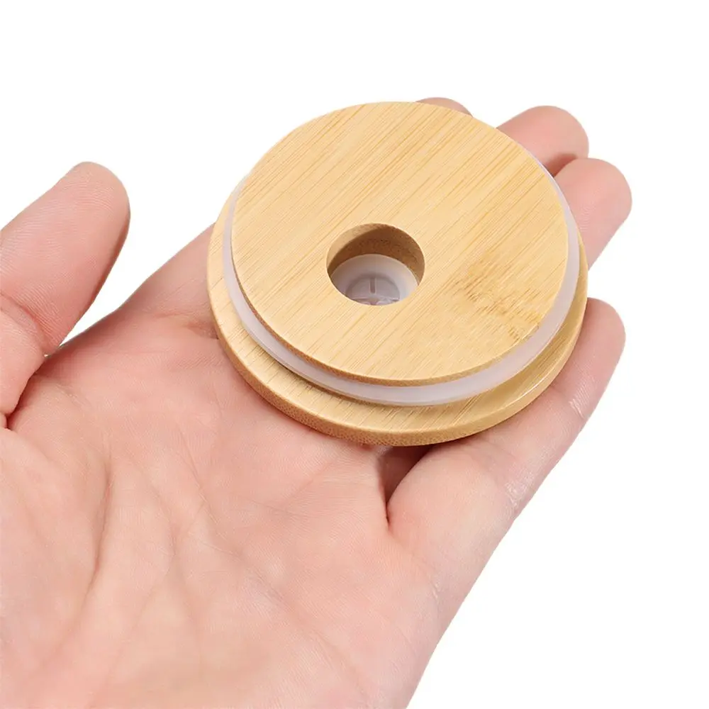 Gift Silicone Seal Ring Canning Caps Wide Mouth Cup Bamboo Wood Lids With Straw Hole Mason Jar Lid