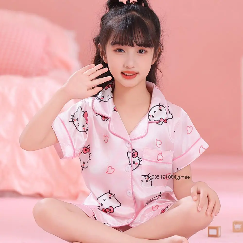 

2Pcs Hello Kitty Kids Pajama Sets Anime Sanrios Cartoon Girls Kuromi Ice Silk Lapel Short Sleeve T-Shirt Tops Pants Pijamas Set
