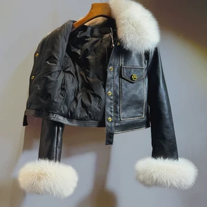 مزاج نسائي سترة جلدية سوداء 2024 الشتاء الحقيقي ثعلب الفراء قصير عالي الخصر PU معطف جلدي ضئيل صالح معاطف أعلى 8 مبيعات معطف فرو الثعلب الحقيقي - No8