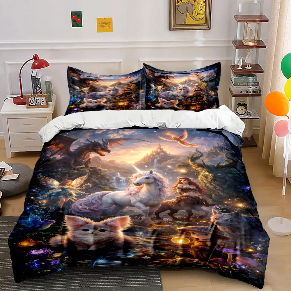 Fantasy Creatures and Magical Landscape Printed Duvet Cover Set 1 Duvet Cover+2 Pillowcase Multi Size Bedroom Bedding Decor