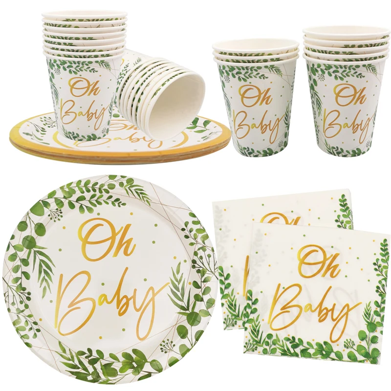 1 Beutel Babyparty-Party-Einweggeschirr, Blätter, Oh Baby, Pappteller, Tassen, Servietten, Kinder, alles Gute zum Geburtstag, Party, Geschlecht offenbaren