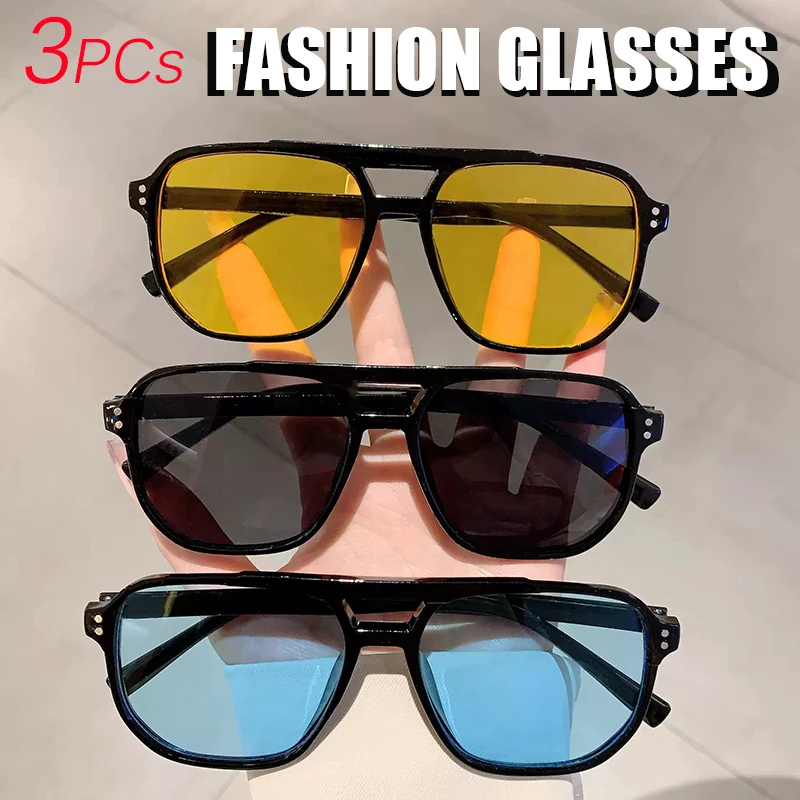 3 قطع نظارات شمسية بإطار مربع كبير للرجال والنساء بإطار خفيف الوزن وجسر مزدوج باللون الأسود والأصفر مع حماية من الأشعة فوق البنفسجية