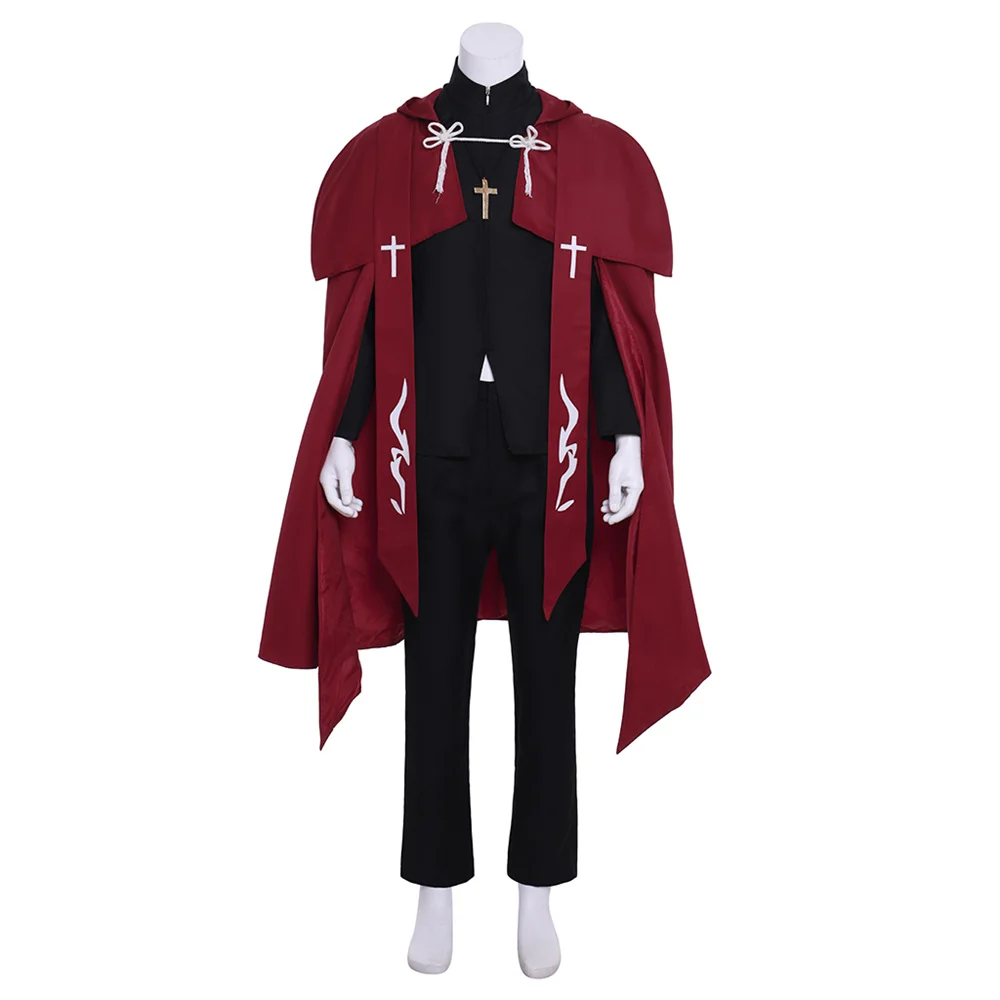 Game Shirou Kotomine Cosplay Costume Men Fancy Black Uniform Suit with Red Hooded Cloak  Halloween Carnival Outfits