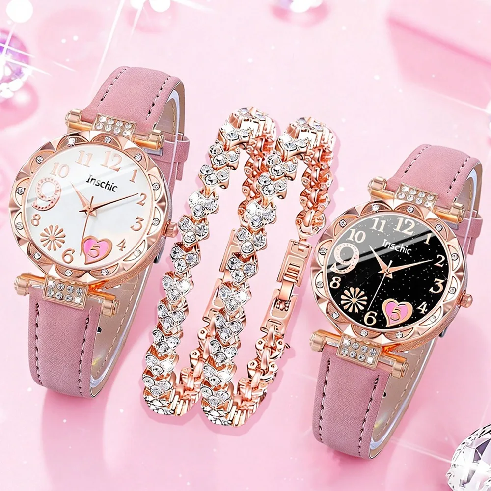 4-Piece Wrist Jewelry Set, Elegant Pink Quartz Watches+ Rhinestone Bracelets | Round Dial with Heart Design