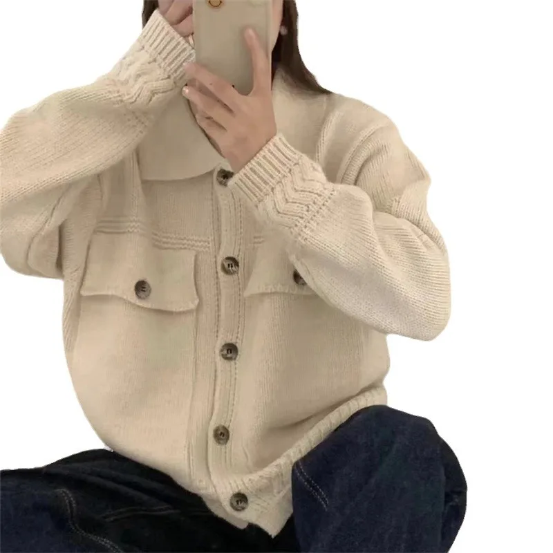 Cárdigan de punto con cuello abatible, nuevo estilo de otoño e invierno, suéter suelto y perezoso, chaqueta de manga larga, Top para mujer
